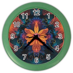 Beautiful Fiery Orange & Blue Fractal Orchid Flower Color Wall Clocks by jayaprime