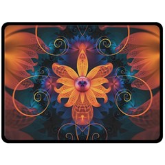 Beautiful Fiery Orange & Blue Fractal Orchid Flower Fleece Blanket (large)  by jayaprime