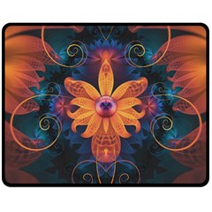 Beautiful Fiery Orange & Blue Fractal Orchid Flower Fleece Blanket (medium)  by jayaprime