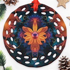 Beautiful Fiery Orange & Blue Fractal Orchid Flower Ornament (round Filigree) by jayaprime