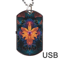 Beautiful Fiery Orange & Blue Fractal Orchid Flower Dog Tag Usb Flash (one Side) by jayaprime