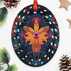 Beautiful Fiery Orange & Blue Fractal Orchid Flower Ornament (oval Filigree) by jayaprime