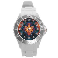 Beautiful Fiery Orange & Blue Fractal Orchid Flower Round Plastic Sport Watch (l) by jayaprime