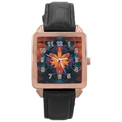 Beautiful Fiery Orange & Blue Fractal Orchid Flower Rose Gold Leather Watch  by jayaprime