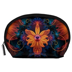 Beautiful Fiery Orange & Blue Fractal Orchid Flower Accessory Pouches (large)  by jayaprime