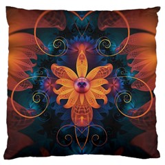 Beautiful Fiery Orange & Blue Fractal Orchid Flower Large Flano Cushion Case (two Sides) by jayaprime