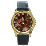 Steampunk, Wonderful Steampunk Lady Round Gold Metal Watch Front