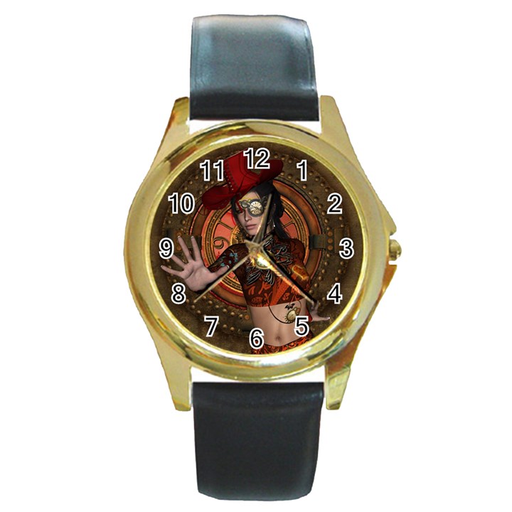 Steampunk, Wonderful Steampunk Lady Round Gold Metal Watch