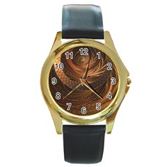 Brown, Bronze, Wicker, And Rattan Fractal Circles Round Gold Metal Watch by jayaprime