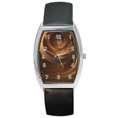 Brown, Bronze, Wicker, And Rattan Fractal Circles Barrel Style Metal Watch by jayaprime