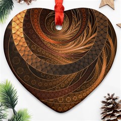 Brown, Bronze, Wicker, And Rattan Fractal Circles Heart Ornament (two Sides) by jayaprime