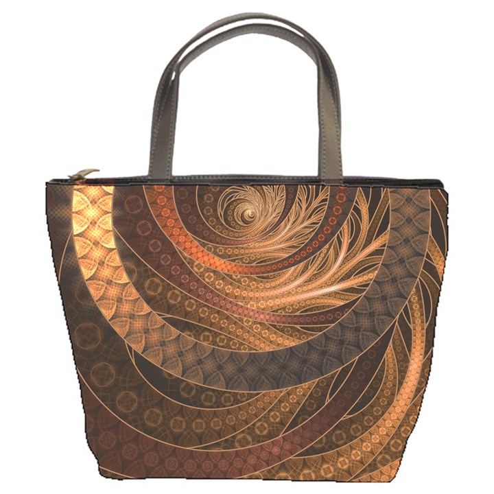 Brown, Bronze, Wicker, and Rattan Fractal Circles Bucket Bags