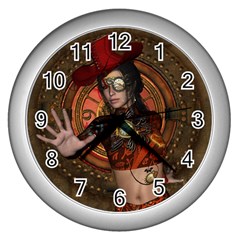 Steampunk, Wonderful Steampunk Lady Wall Clocks (Silver) 