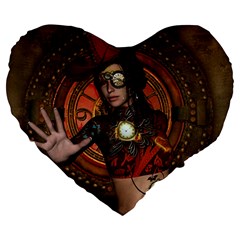 Steampunk, Wonderful Steampunk Lady Large 19  Premium Flano Heart Shape Cushions by FantasyWorld7