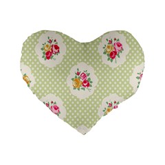 Green Shabby Chic Standard 16  Premium Flano Heart Shape Cushions by NouveauDesign