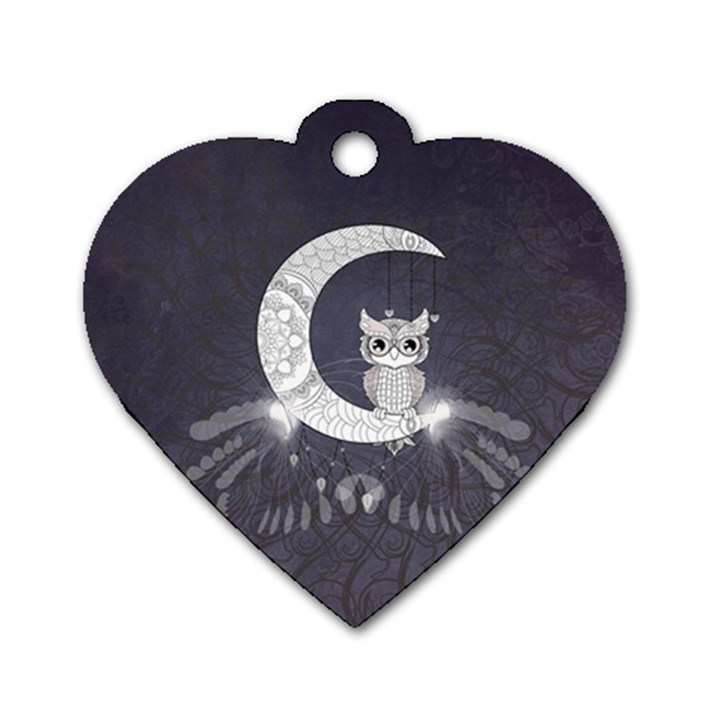 Mandala, Cute Owl On The Moon Dog Tag Heart (One Side)