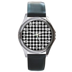 Black White Square Diagonal Pattern Seamless Round Metal Watch by Celenk