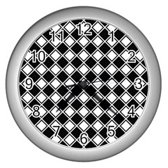 Black White Square Diagonal Pattern Seamless Wall Clocks (silver)  by Celenk