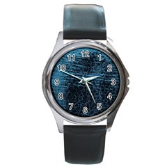 Blue Black Shiny Fabric Pattern Round Metal Watch