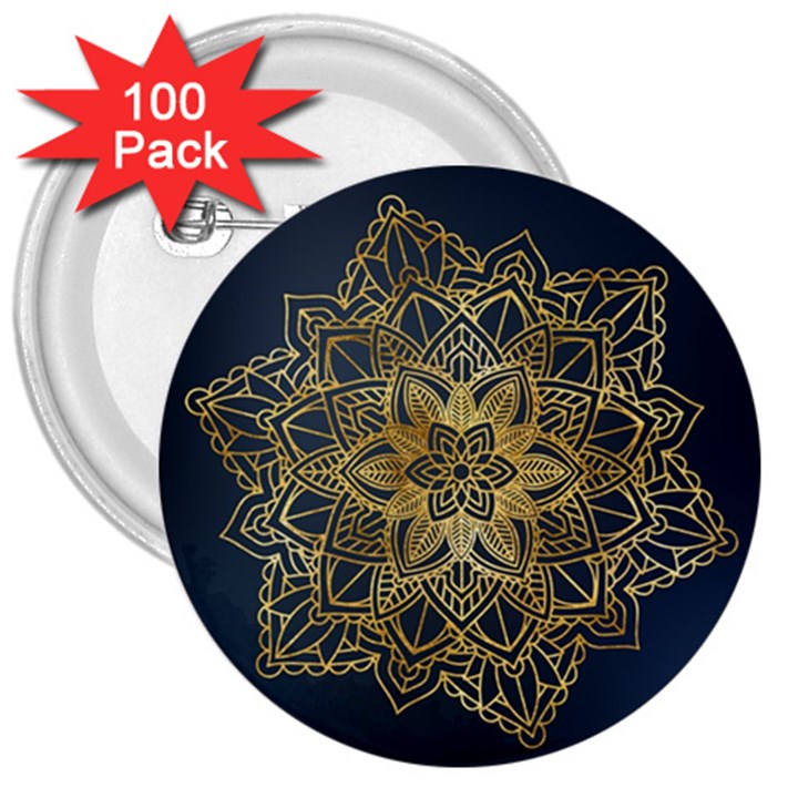 Gold Mandala Floral Ornament Ethnic 3  Buttons (100 pack) 