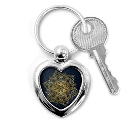 Gold Mandala Floral Ornament Ethnic Key Chains (heart)  by Celenk