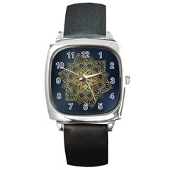 Gold Mandala Floral Ornament Ethnic Square Metal Watch