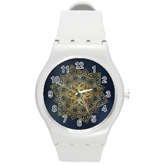 Gold Mandala Floral Ornament Ethnic Round Plastic Sport Watch (M)