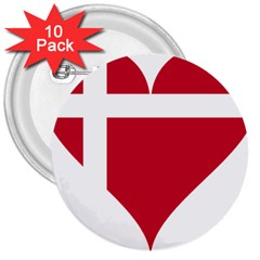 Heart Love Flag Denmark Red Cross 3  Buttons (10 Pack)  by Celenk