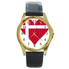 Heart Love Flag Denmark Red Cross Round Gold Metal Watch by Celenk