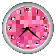 Pink Square Background Color Mosaic Wall Clocks (silver)  by Celenk