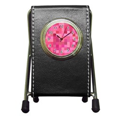 Pink Square Background Color Mosaic Pen Holder Desk Clocks by Celenk