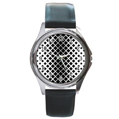 Square Diagonal Pattern Monochrome Round Metal Watch by Celenk