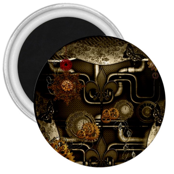 Wonderful Noble Steampunk Design, Clocks And Gears And Butterflies 3  Magnets