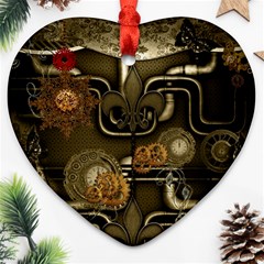 Wonderful Noble Steampunk Design, Clocks And Gears And Butterflies Ornament (heart) by FantasyWorld7