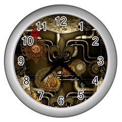 Wonderful Noble Steampunk Design, Clocks And Gears And Butterflies Wall Clocks (silver)  by FantasyWorld7