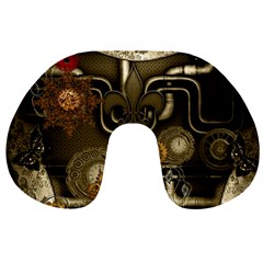 Wonderful Noble Steampunk Design, Clocks And Gears And Butterflies Travel Neck Pillows by FantasyWorld7