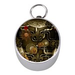 Wonderful Noble Steampunk Design, Clocks And Gears And Butterflies Mini Silver Compasses Front