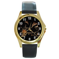 Wonderful Dolphins And Flowers, Golden Colors Round Gold Metal Watch