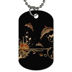 Wonderful Dolphins And Flowers, Golden Colors Dog Tag (One Side)