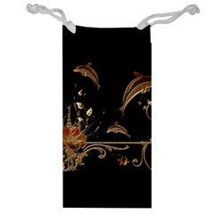 Wonderful Dolphins And Flowers, Golden Colors Jewelry Bag