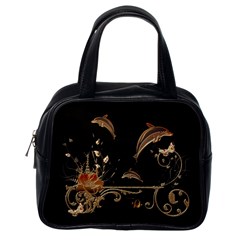 Wonderful Dolphins And Flowers, Golden Colors Classic Handbags (One Side)