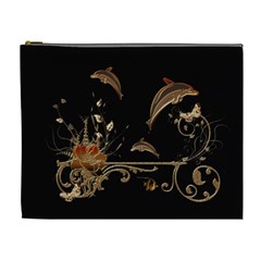 Wonderful Dolphins And Flowers, Golden Colors Cosmetic Bag (XL)