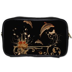 Wonderful Dolphins And Flowers, Golden Colors Toiletries Bags