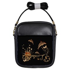 Wonderful Dolphins And Flowers, Golden Colors Girls Sling Bags