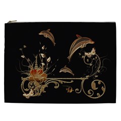 Wonderful Dolphins And Flowers, Golden Colors Cosmetic Bag (XXL) 