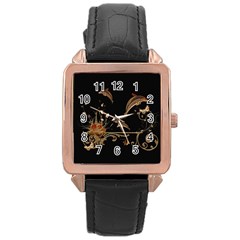 Wonderful Dolphins And Flowers, Golden Colors Rose Gold Leather Watch 