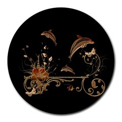 Wonderful Dolphins And Flowers, Golden Colors Round Mousepads