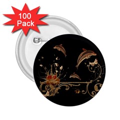 Wonderful Dolphins And Flowers, Golden Colors 2.25  Buttons (100 pack) 