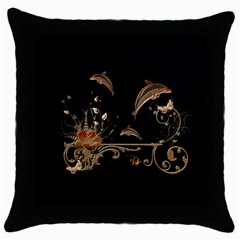 Wonderful Dolphins And Flowers, Golden Colors Throw Pillow Case (Black)