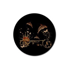 Wonderful Dolphins And Flowers, Golden Colors Rubber Round Coaster (4 Pack)  by FantasyWorld7